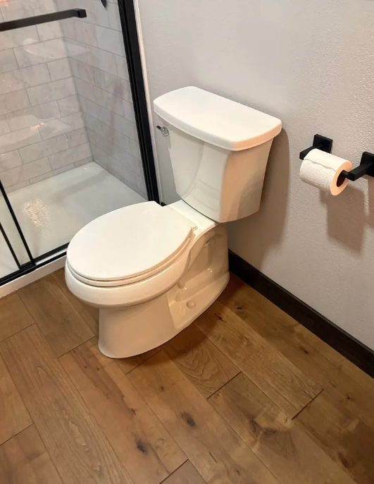 Small bathroom with a white toilet beside a glass shower and wall-mounted toilet paper holder.