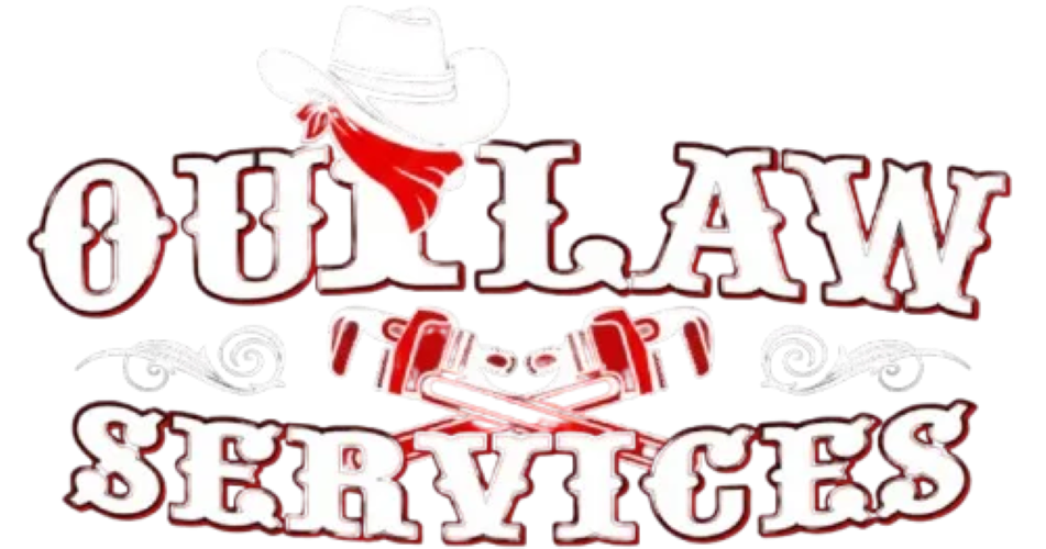 Outlaw Services logo with white cowboy hat, red accent, and distressed maroon text