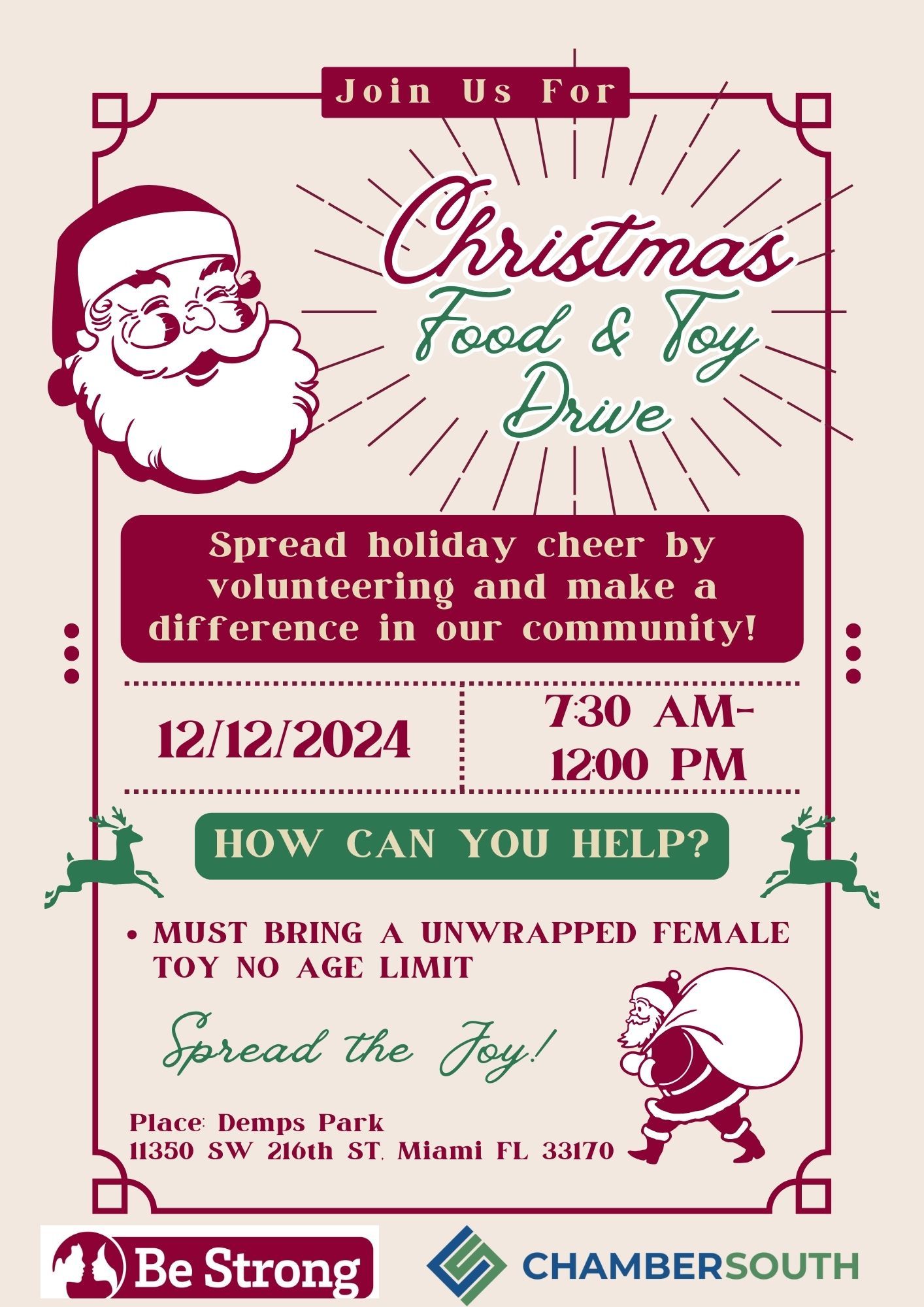 A poster for a christmas food and toy drive.