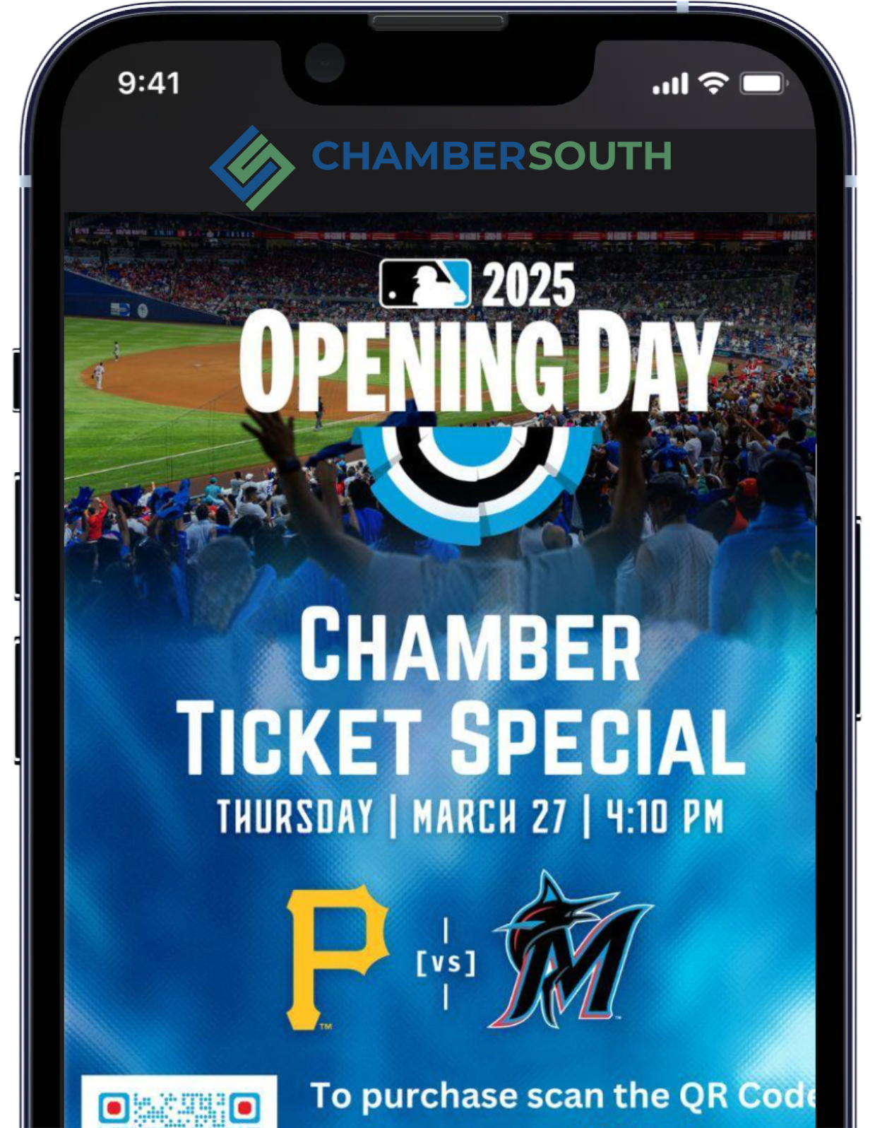 ChamberSouth A phone with a chamber ticket special advertisement on it