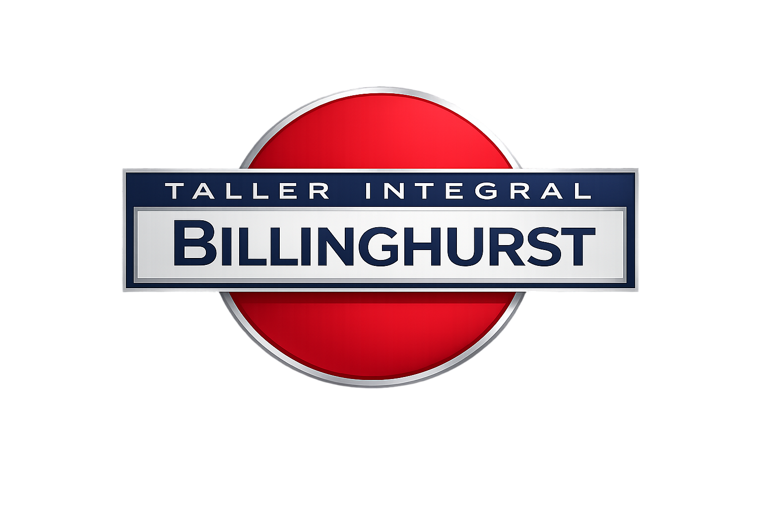 Logotipo de Billinghurst Taller Integral con círculo rojo y texto de banner azul y blanco