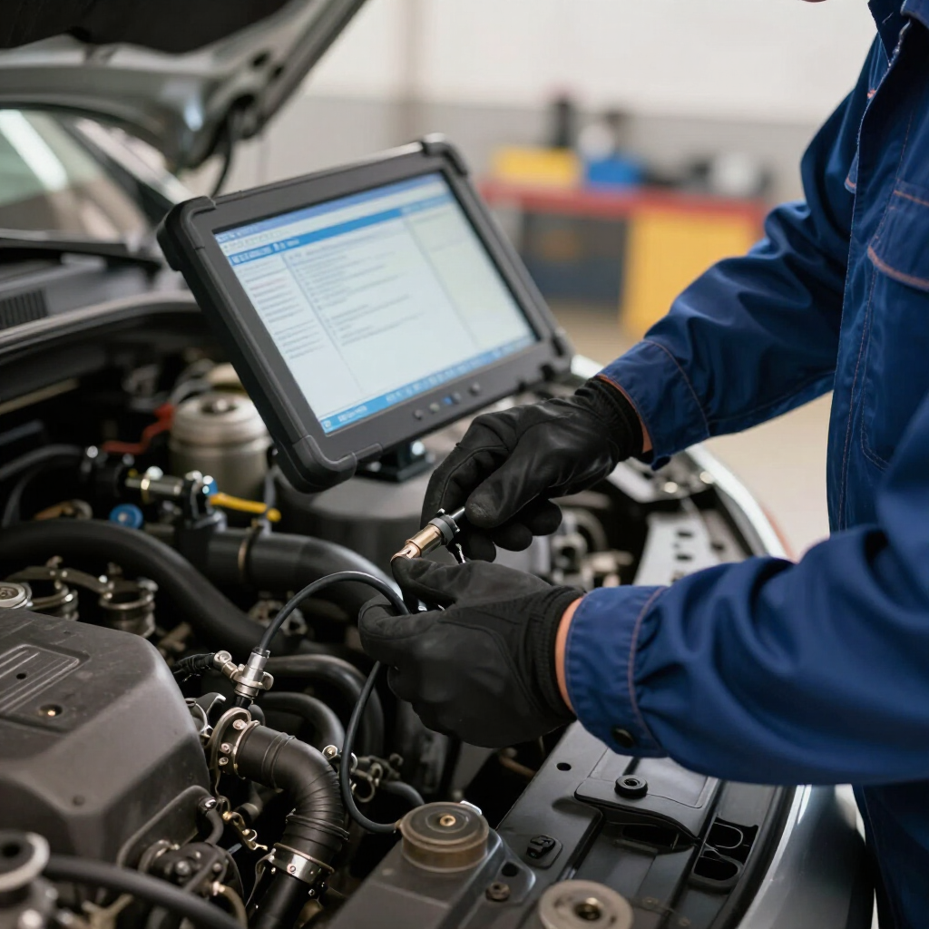 Mecánico con mono azul inspeccionando el motor de un coche con una tableta de diagnóstico en un taller.