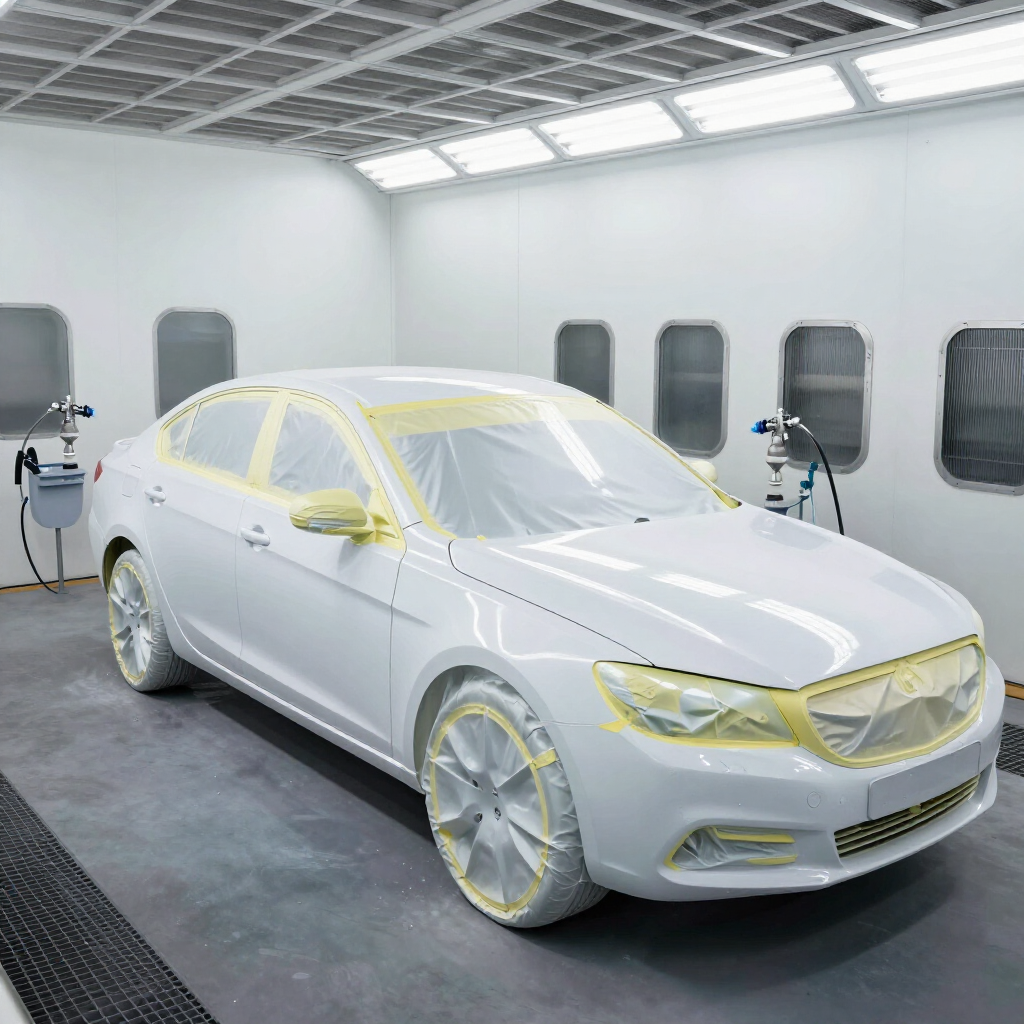 Sedán blanco en una cabina de pintura, cubierto con cinta adhesiva y plástico para su repintado.
