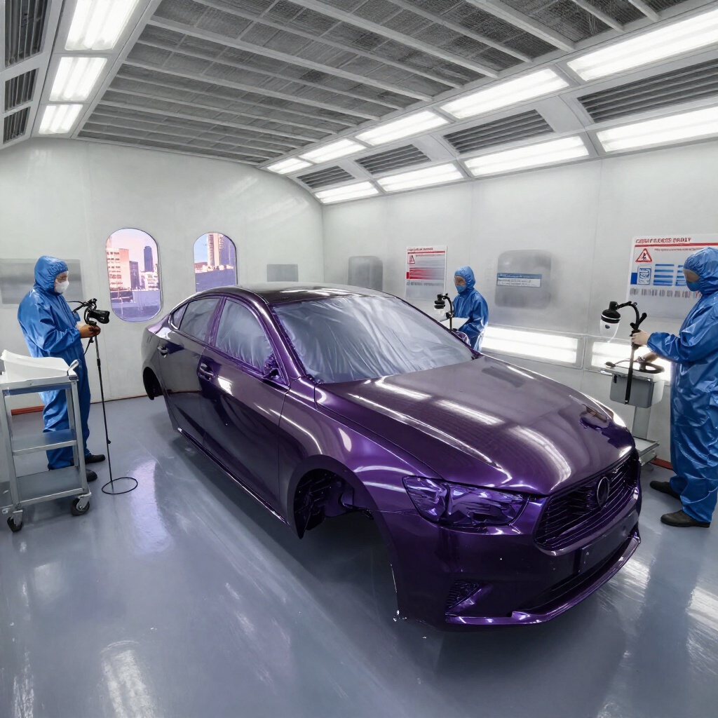 Carrocería morada en una cabina de pintura limpia con técnicos vestidos con trajes protectores azules.