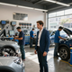 Taller mecánico con coches en elevadores y técnicos trabajando, mientras un hombre de traje