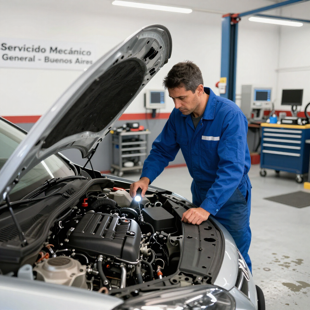 Mecánico con uniforme azul inspeccionando el motor de un coche en un taller con el capó abierto.