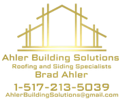 Gold logo for Ahler Building Solutions. Building outline over text with contact info.