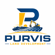 PURVIS Land Development logo with blue and gold "P" and excavator over stylized ground lines