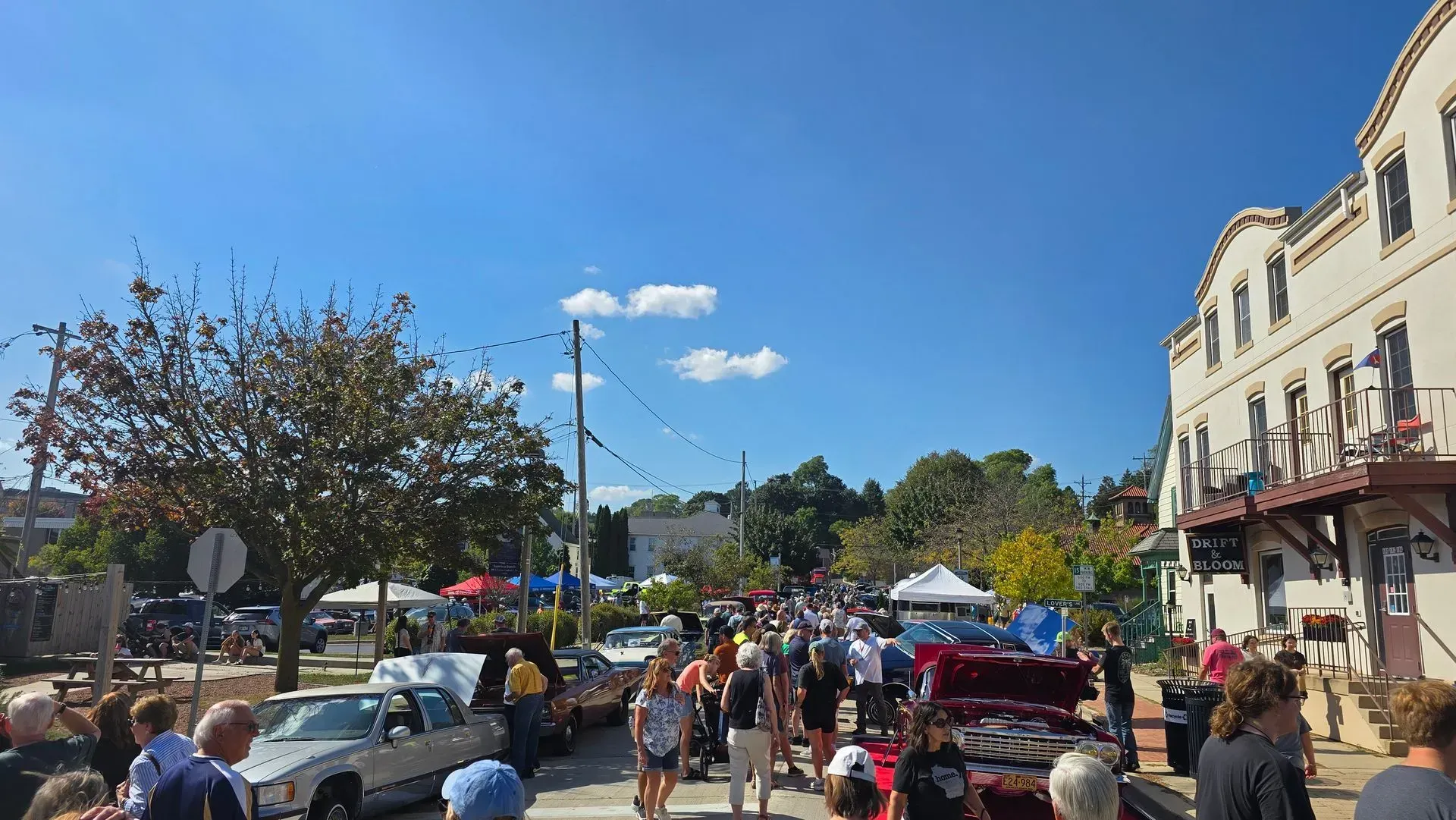 Crowded street fair with tents, parked cars, trees, and buildings on a sunny day