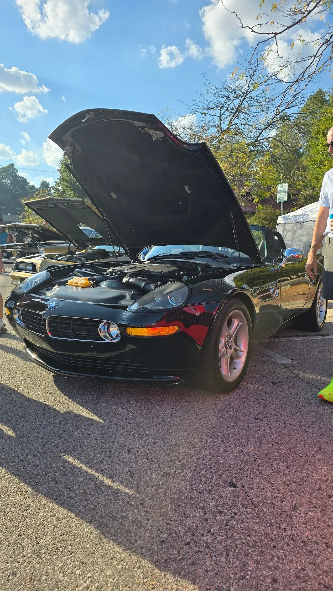 Black sports car with hood open on a roadside, showing front damage under bright sunlight