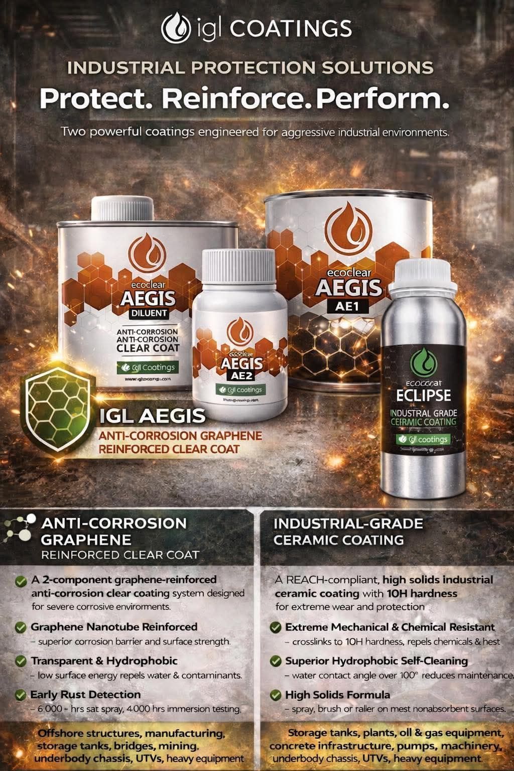 IGL Coatings product ad with bottles on a dark industrial background and the slogan “Protect. Reinforce. Perform.”