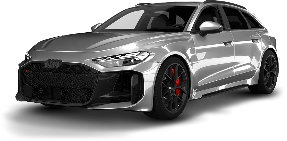Silver sports sedan with black grille and red brake calipers, shown at a front three-quarter angle