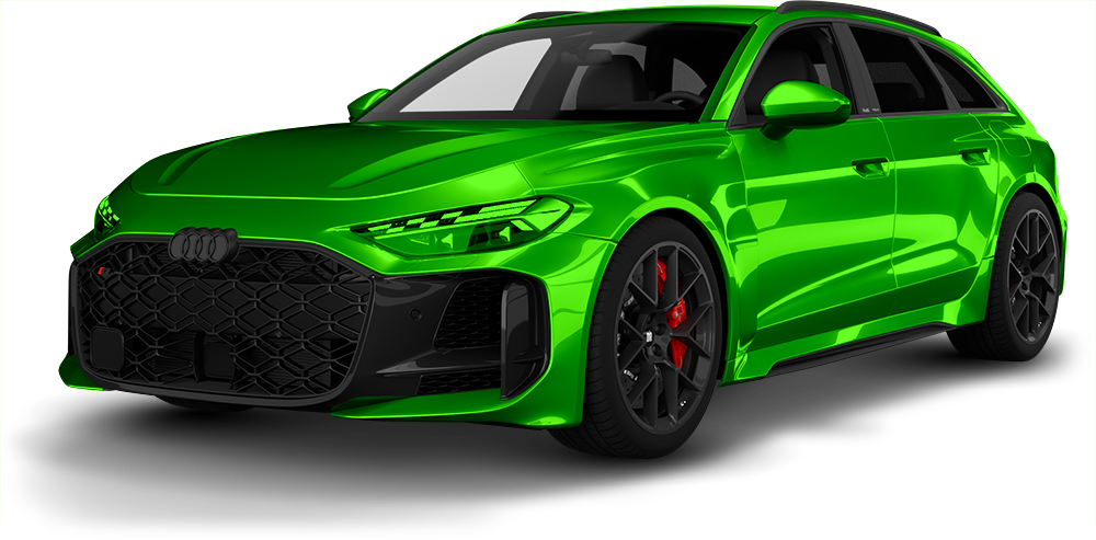 Bright green sports sedan with black accents, shown in a front three-quarter view on a white background