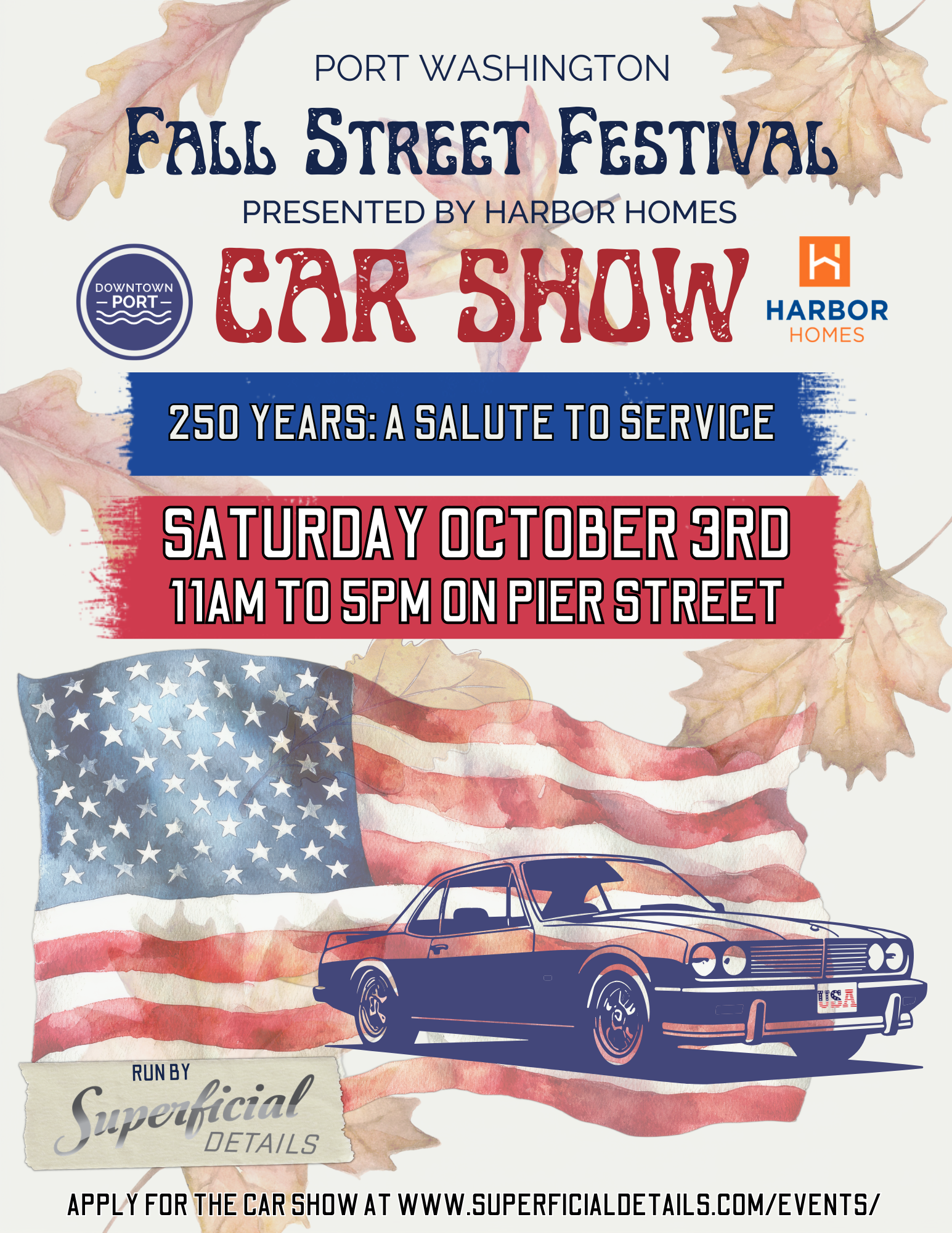 Port Washington Fall Street Festival car show poster with vintage car, American flag, and event details