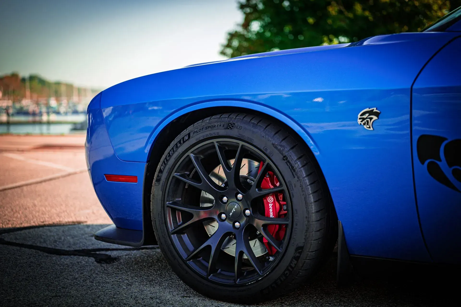 Blue sports car front wheel and fender in close-up, parked outdoors with red brake caliper visible