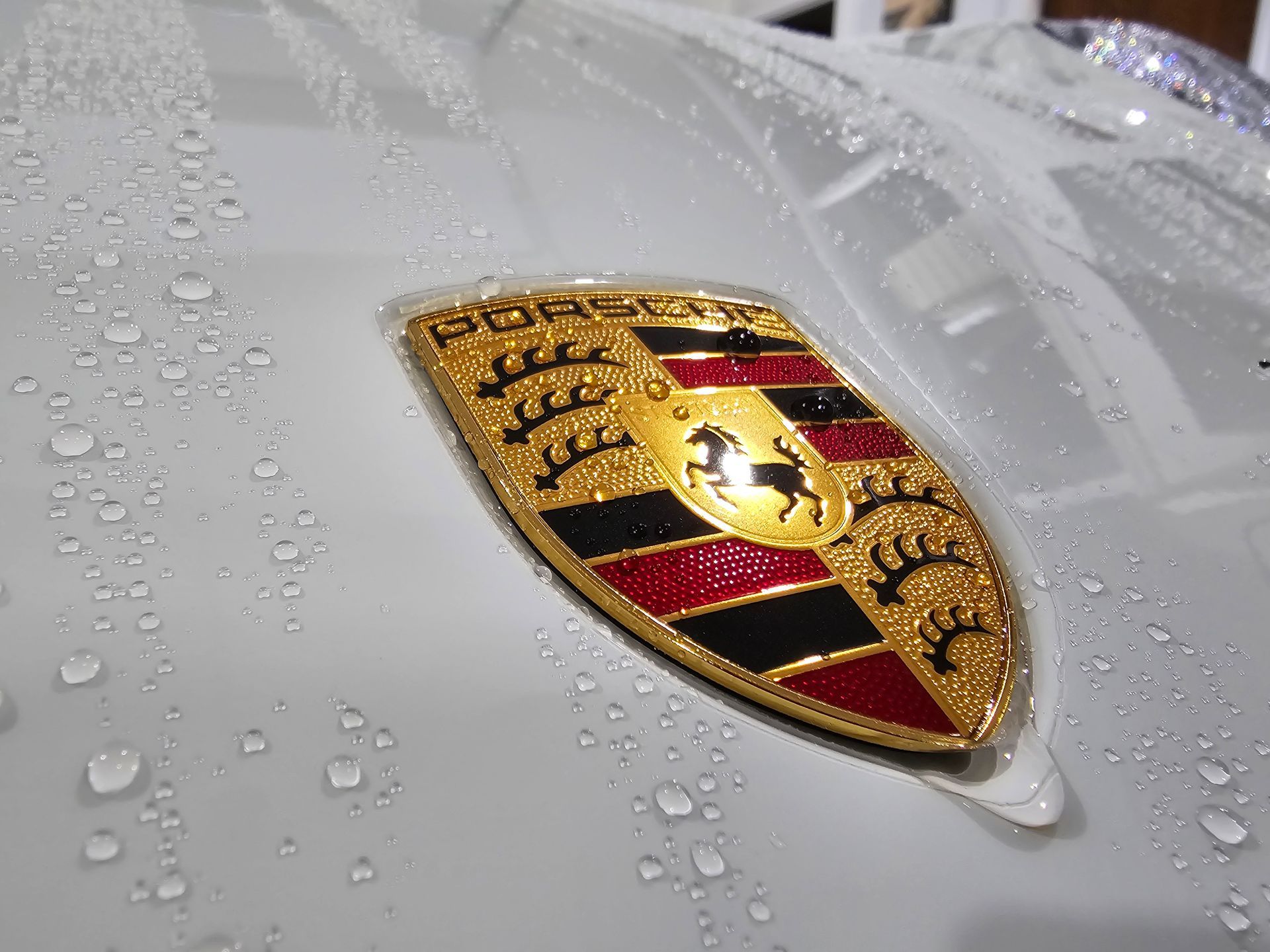 Close-up of a Porsche hood badge with water droplets on a white car.
