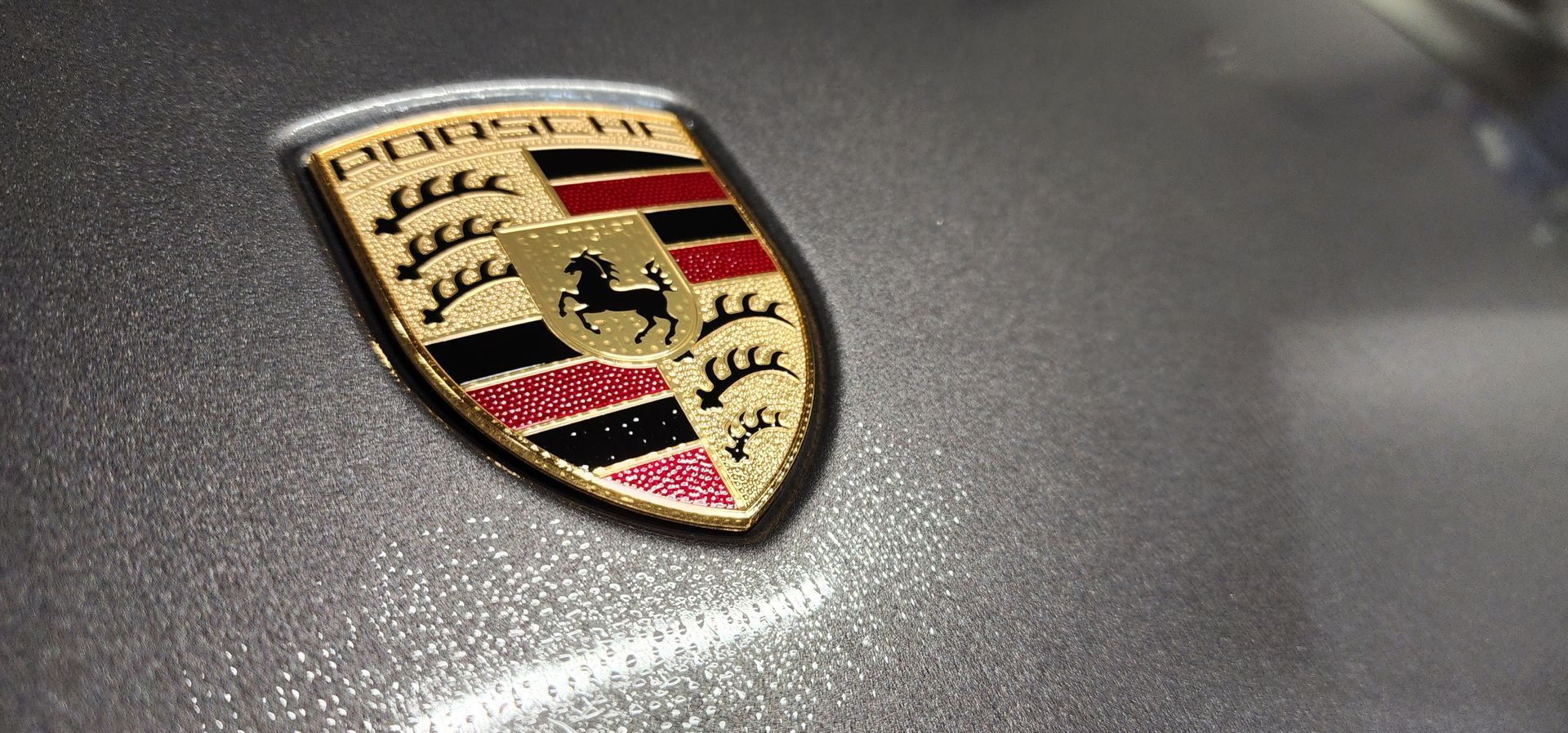 Porsche crest on a metallic gray car hood