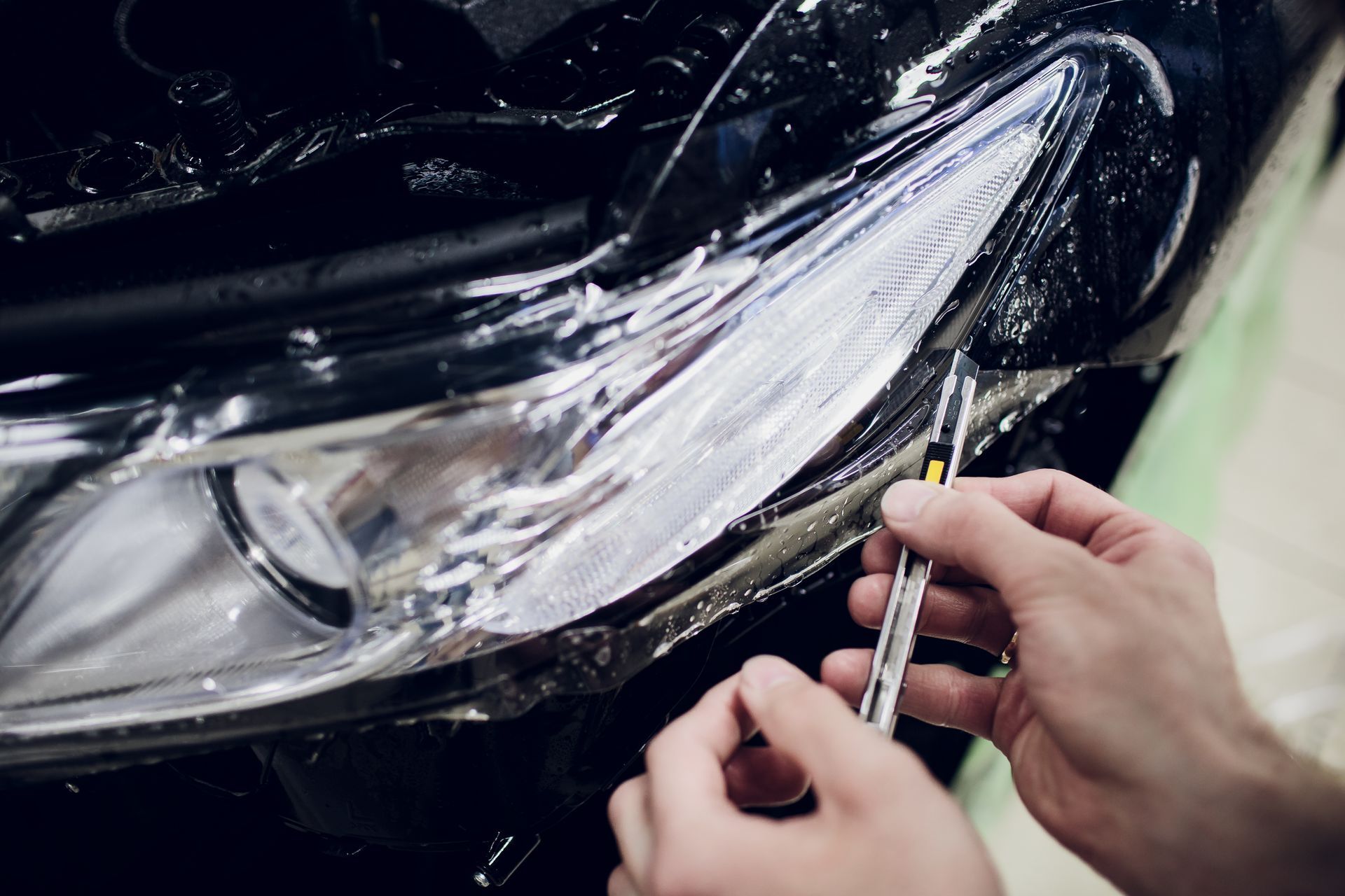 Hands repairing a car headlight with a screwdriver