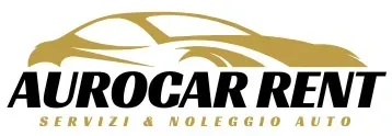 Logo per Aurocar Rent, sagoma dell'auto in oro sopra il testo nero. 