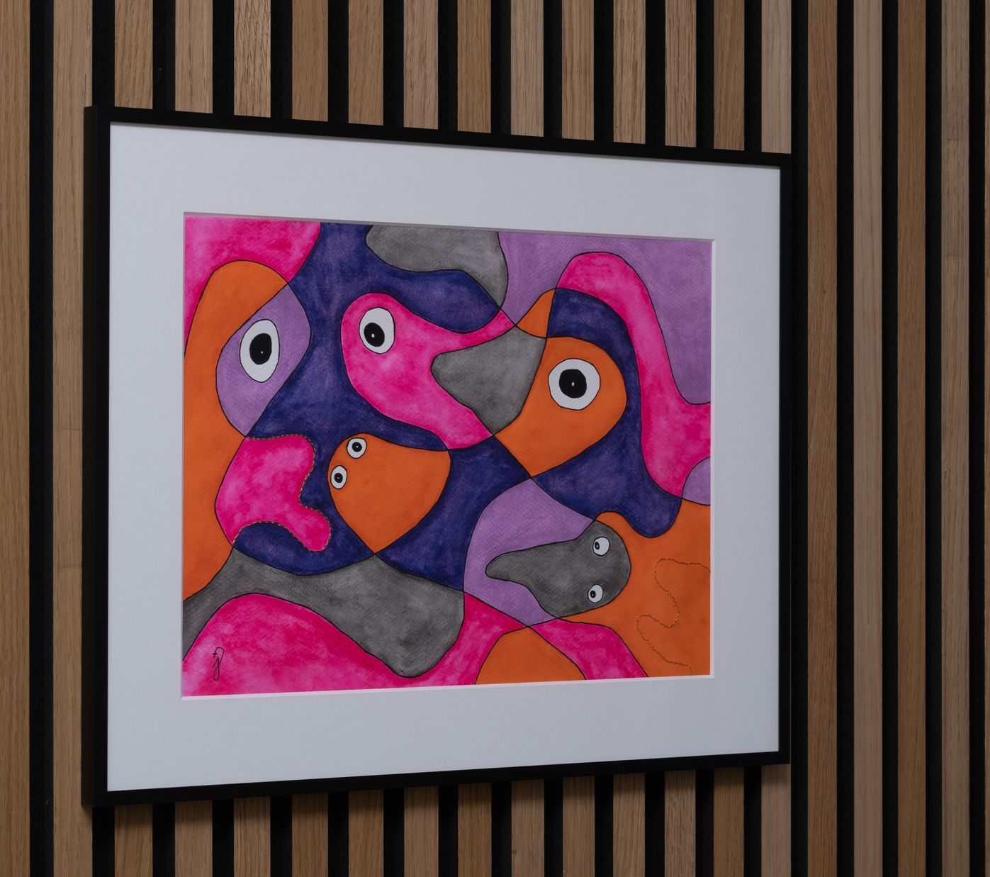 schilderij Look, op een houten muur. 