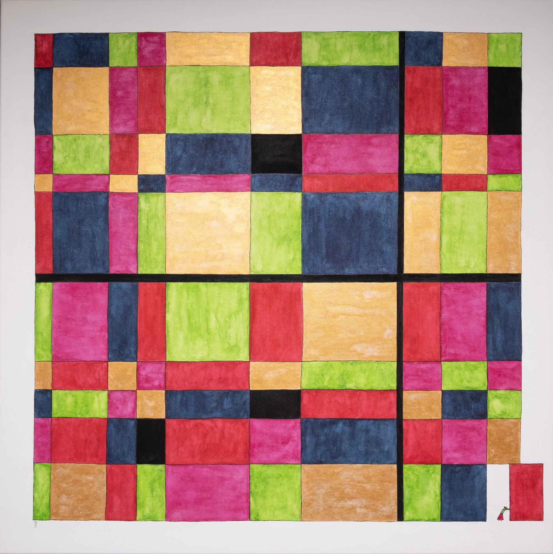 Schilderij escape vlakken in verschillende kleuren/ maten. Met zwarte lijnen. Een vrouwtje duwt een blok uit de rij. 