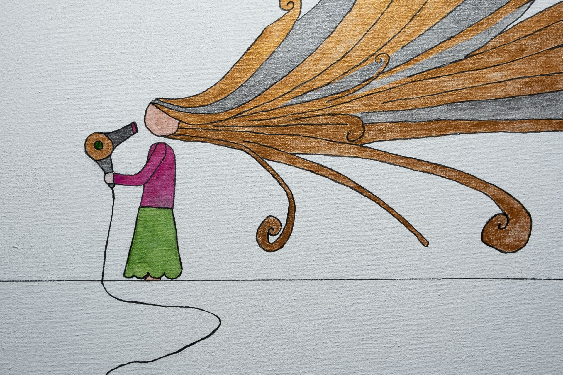 Onderdeel schilderij Hair, je ziet een mevrouw haar haren föhnen.
