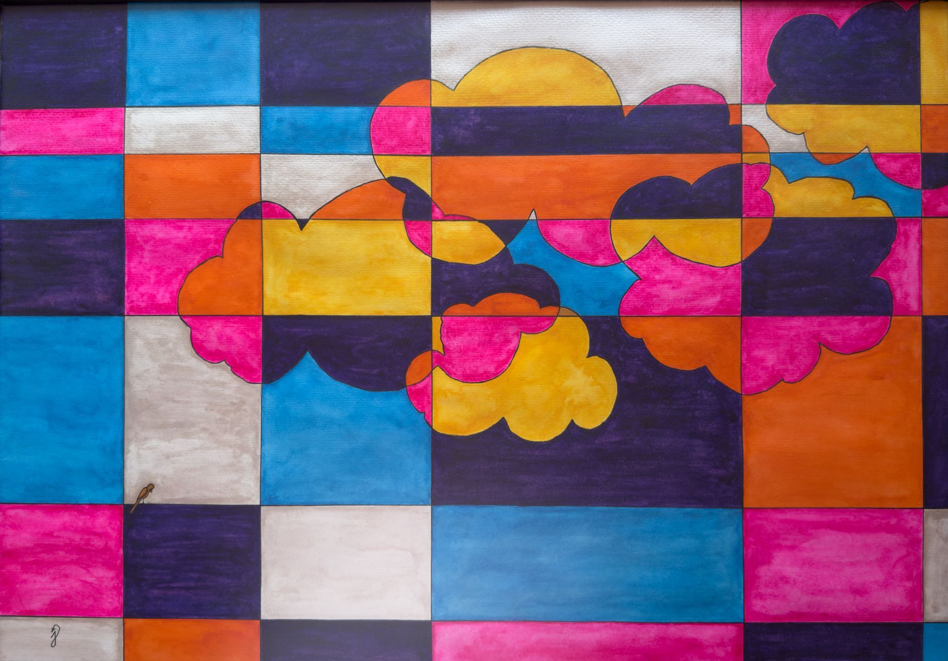vlakken in verschillende maten/kleuren. Klein vogeltje zit links onderin. Kop hangt. Er zijn wolken die elkaar overlappen. 