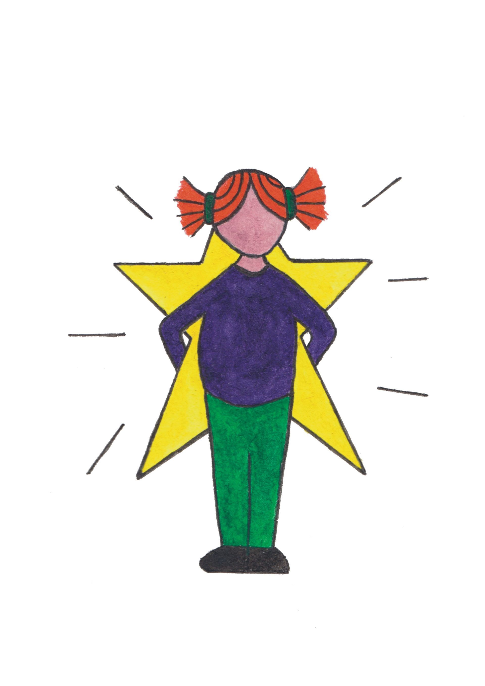 A girl holding a star behind her back. The star shines.