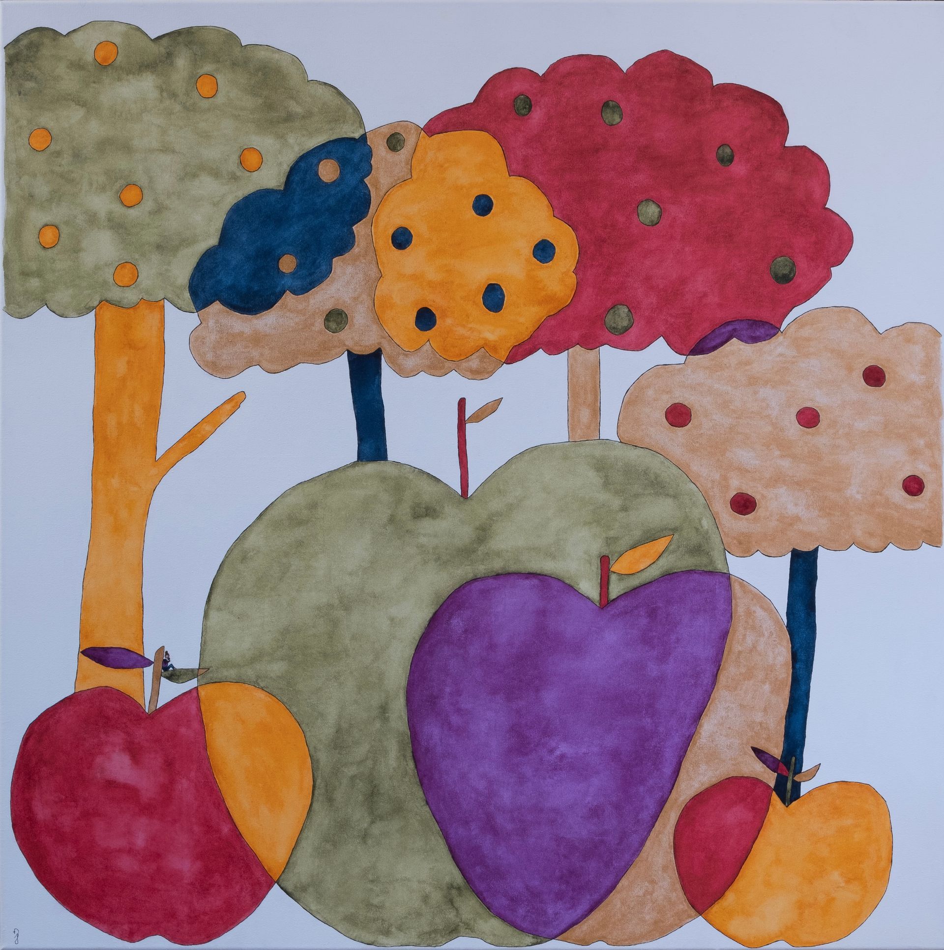 Op het schilderij staan vier appels, vier appelbomen. Op een blaadje van de appel zit een meisje, ze eet een snoep.