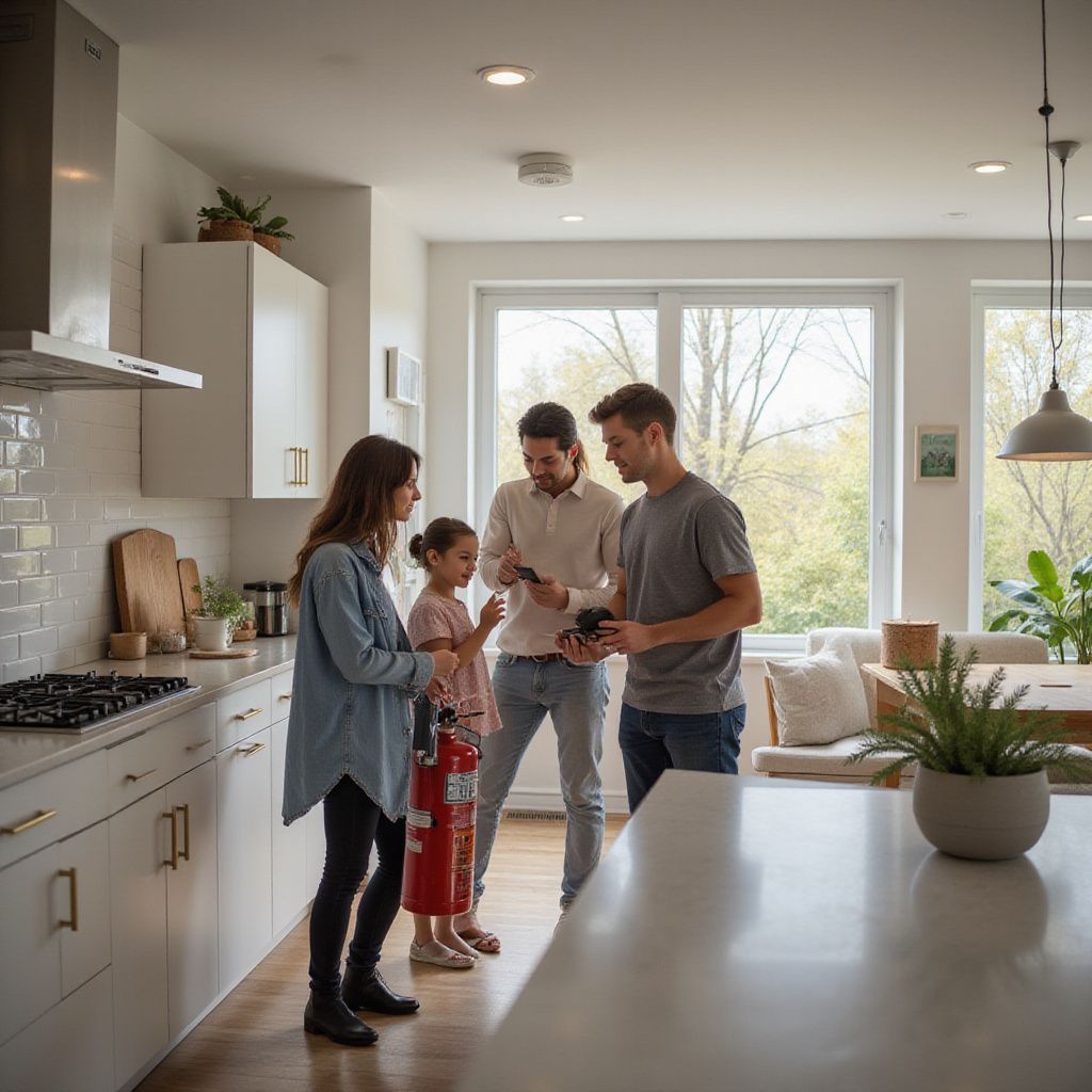 Famiglia in una cucina moderna con un estintore, due uomini, una donna e un bambino.