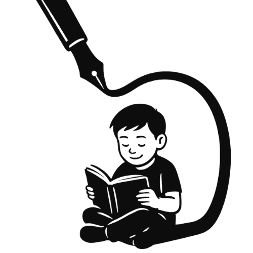 Ragazzo che legge un libro, disegnato con l'inchiostro di una penna stilografica.