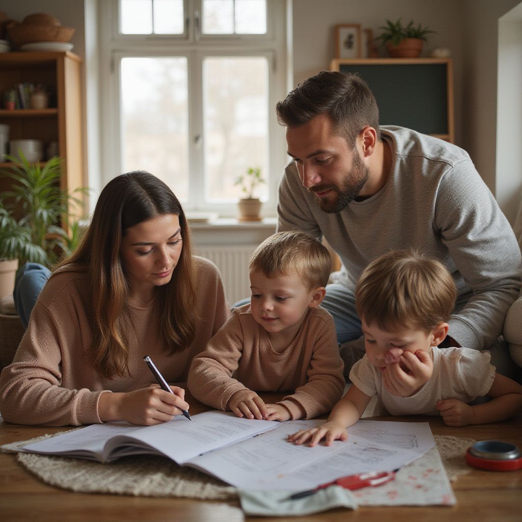 Famiglia di quattro persone che guarda i documenti. Due bambini piccoli, genitori, ambiente interno, soleggiato.