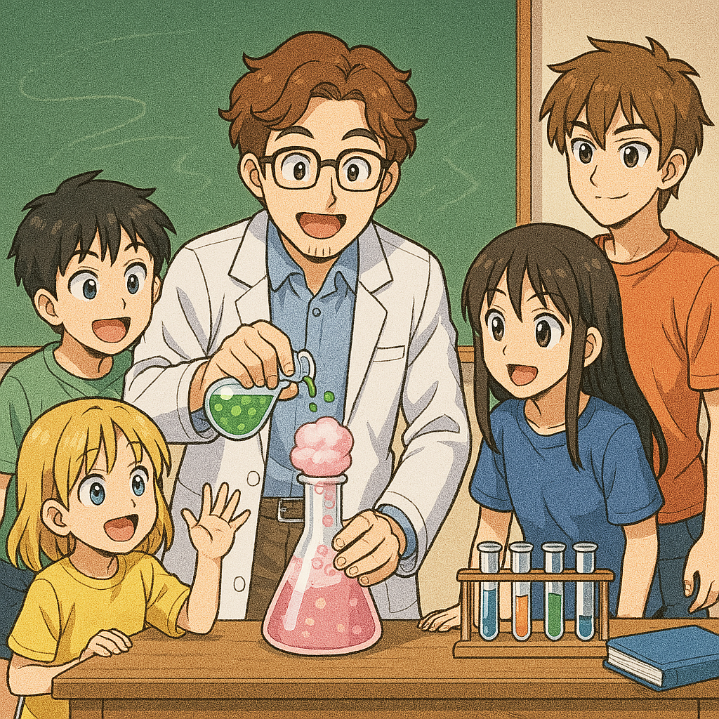 Un insegnante versa un liquido verde in una fiaschetta, creando una nuvola rosa. Gli studenti osservano in classe.