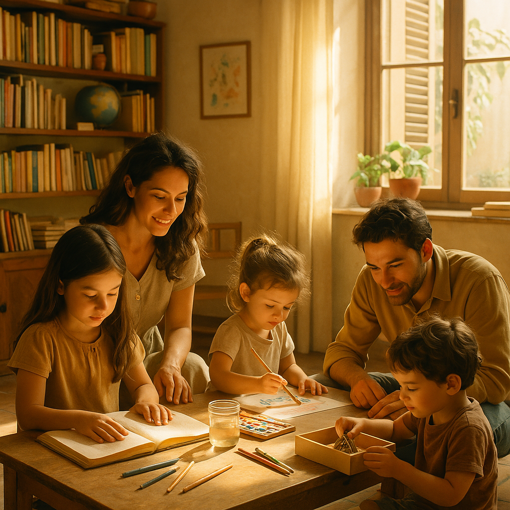 Famiglia di cinque persone, che disegna e gioca a un tavolo, in una stanza soleggiata con libri e piante.