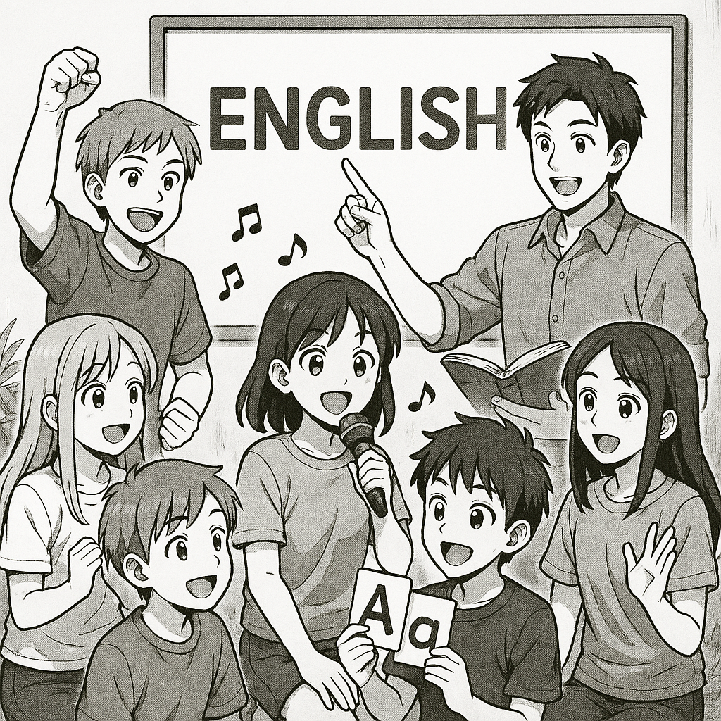 Lezione di inglese con insegnante e studenti, canto e apprendimento.