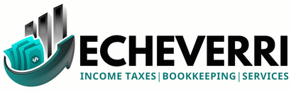 Logo for Echeverri, a tax and bookkeeping service, with teal and gray graphics and text.