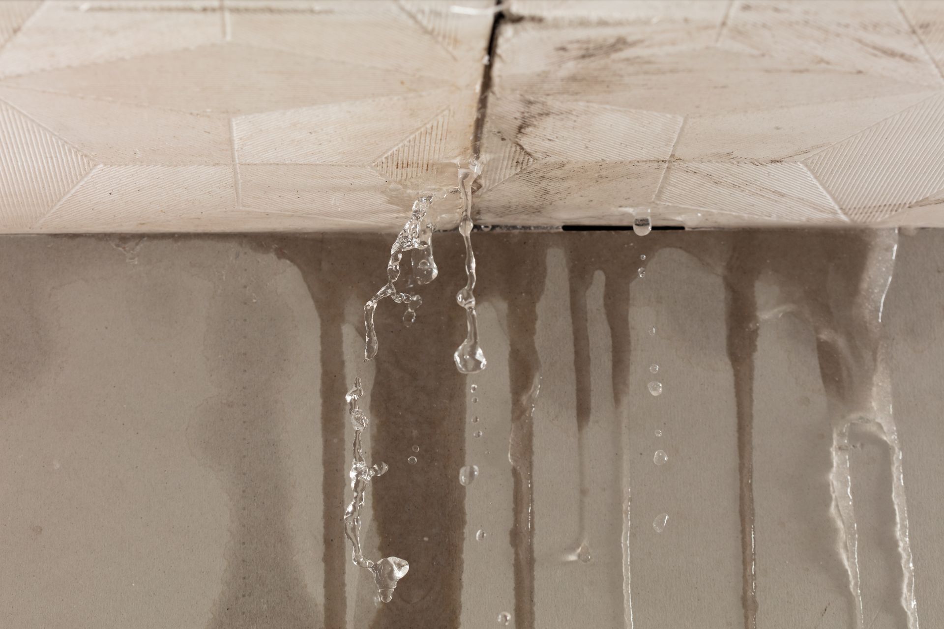 Water leaking through a crack in the ceiling, dripping down a wall.