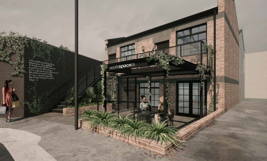 Render of a two-storey brick building with black-framed factory windows and a courtyard with people at tables.