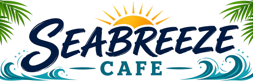 Seabreeze Cafe logo with blue waves, sunburst, and navy text on a white background