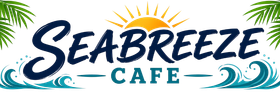 Seabreeze Cafe logo with blue waves, sunburst, and navy text on a white background