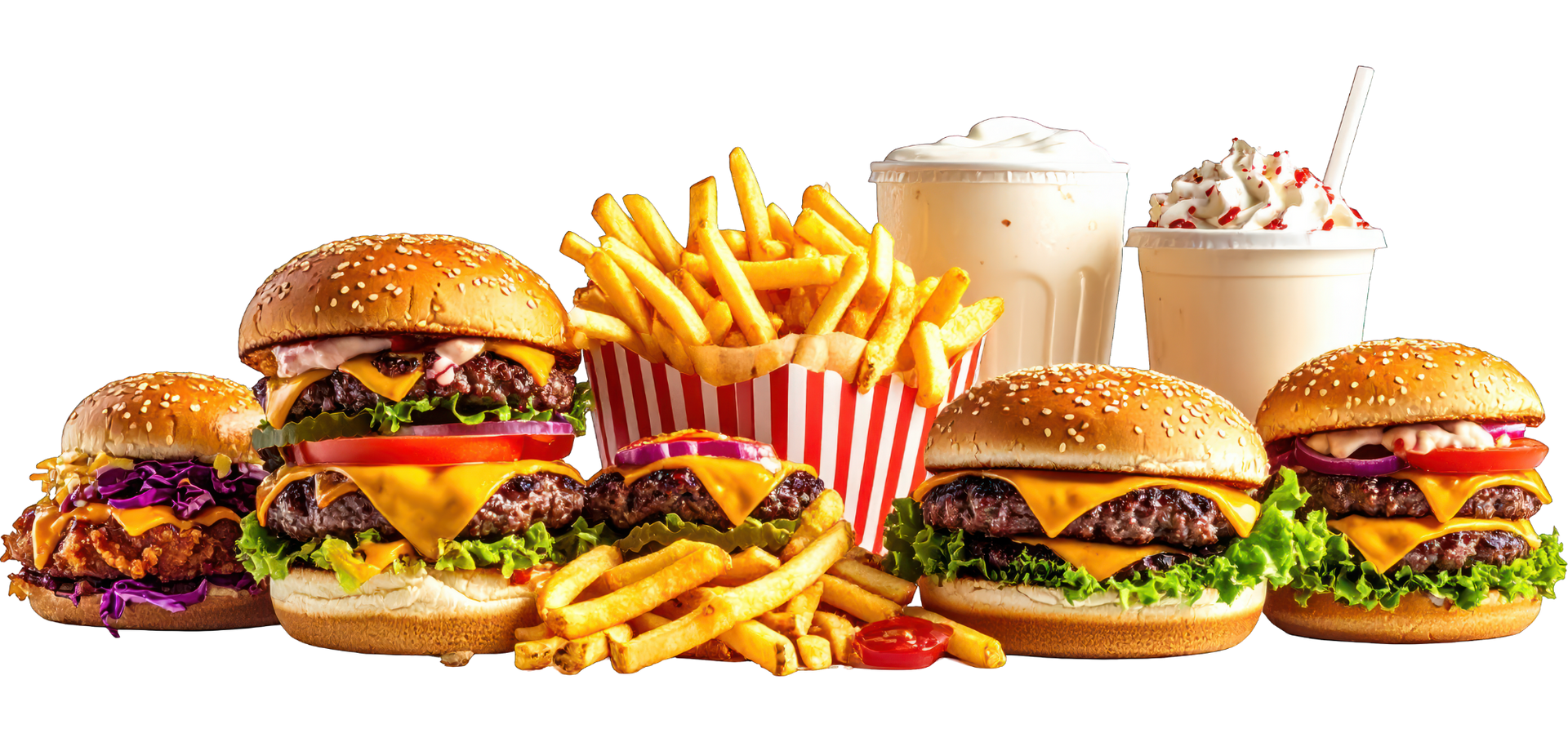 Assorted burgers, fries, and drinks on a white background.