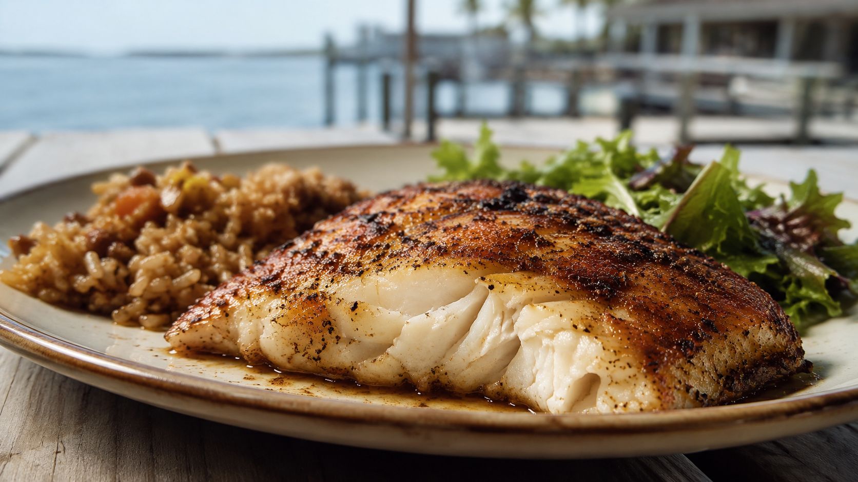 Grilled fish fillet with browned crust, quinoa, and greens on a plate by the water