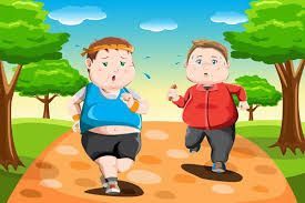 An illustration of two overweight children are running down a path