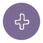 A white cross in a purple circle on a white background.