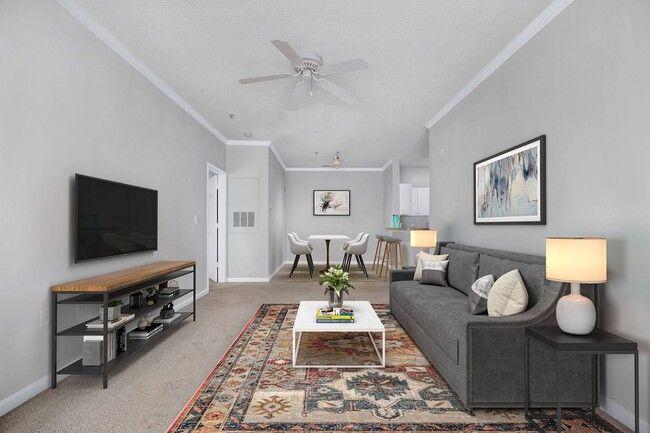 Cozy living room with gray walls, rug, sofa, TV, and dining area.