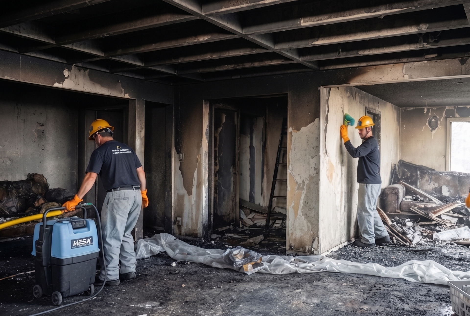 Two workers inspecting fire-damaged interior with charred walls and debris.