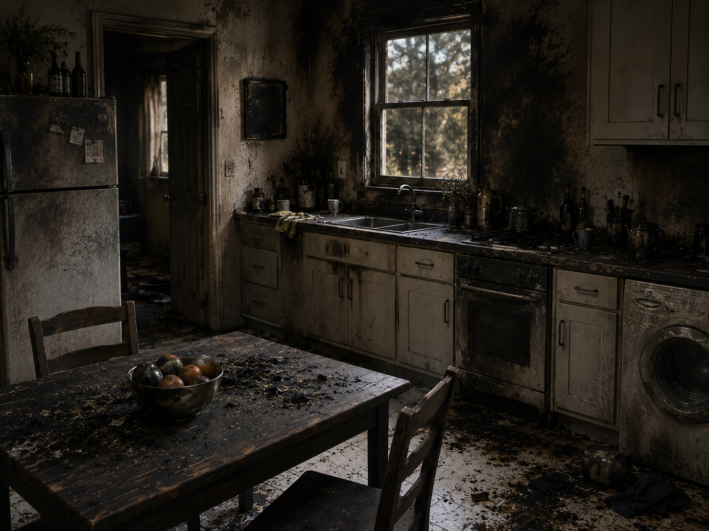 Burned, damaged kitchen with soot-covered cabinets, window, table, and chairs