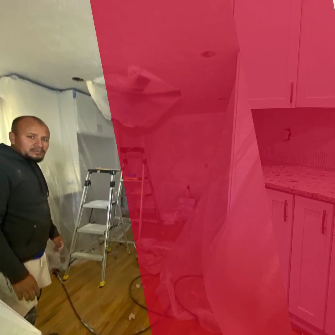 Man standing in a room with a ladder and cabinets, partially covered by a pink translucent overlay.