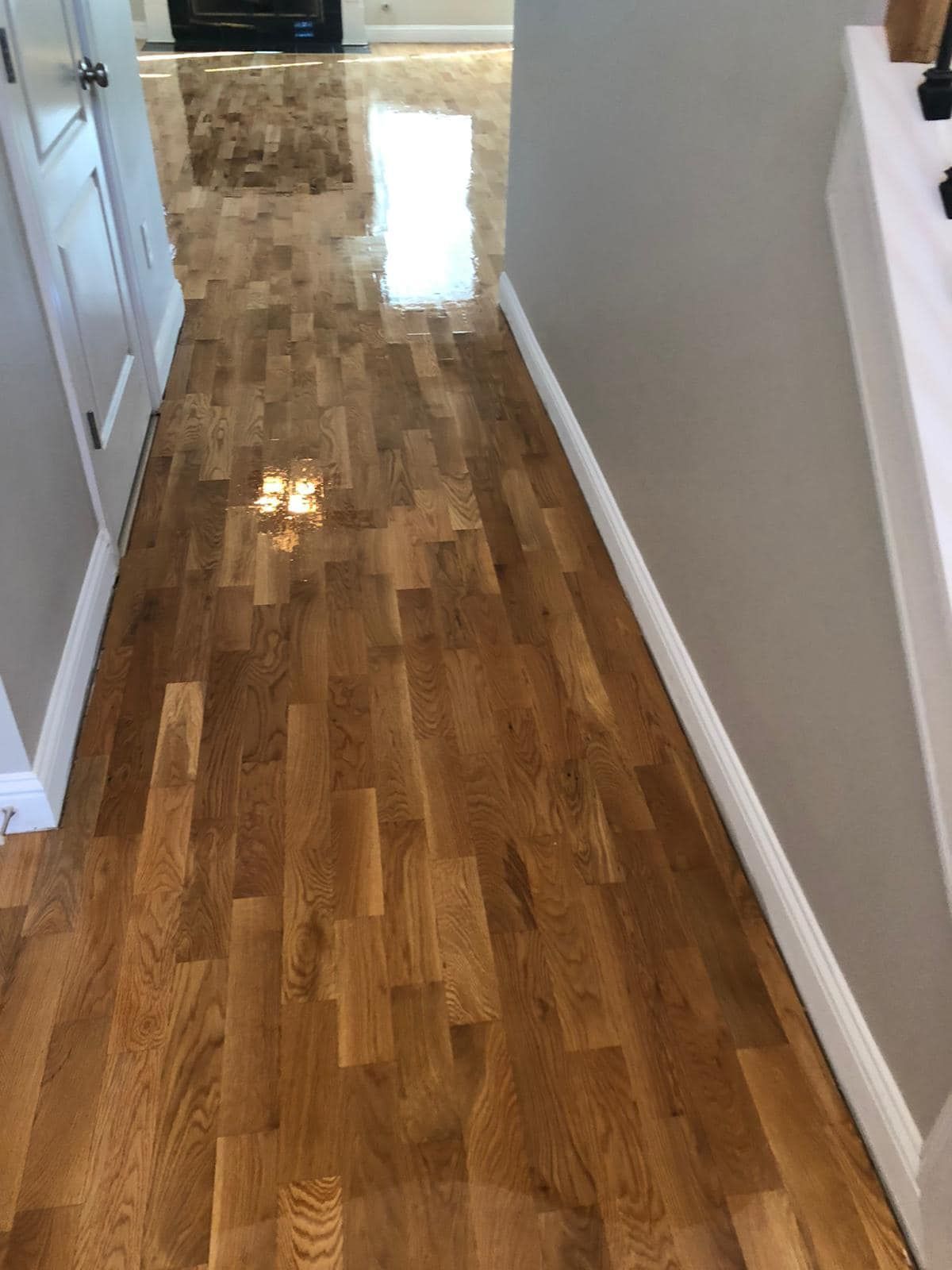 Shiny hardwood hallway with white walls and a bright reflection on the floor