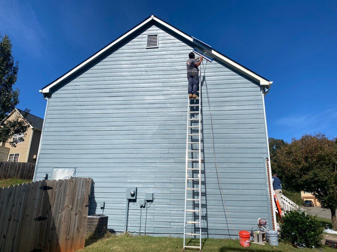 Back of a blue house with a ladder reaching the roof under a clear sky